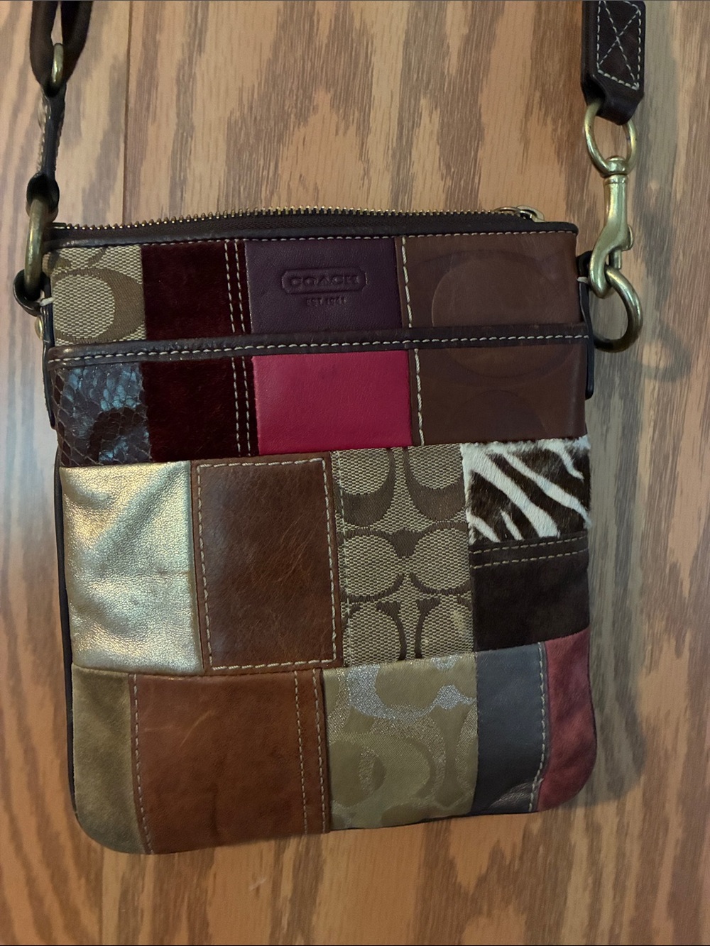 Coach Patchwork Messenger Crossbody in Multi Brown and Red Accents